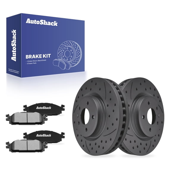 AutoShack Front Vented Drilled & Slotted Coated Brake Rotors Black Matte Finish   Ceramic Pads 6-PC Brake Kit Replacement for 2011-2019 Ford Explorer 2010-2019 Ford Taurus BlackShield 12.8" (325 mm)