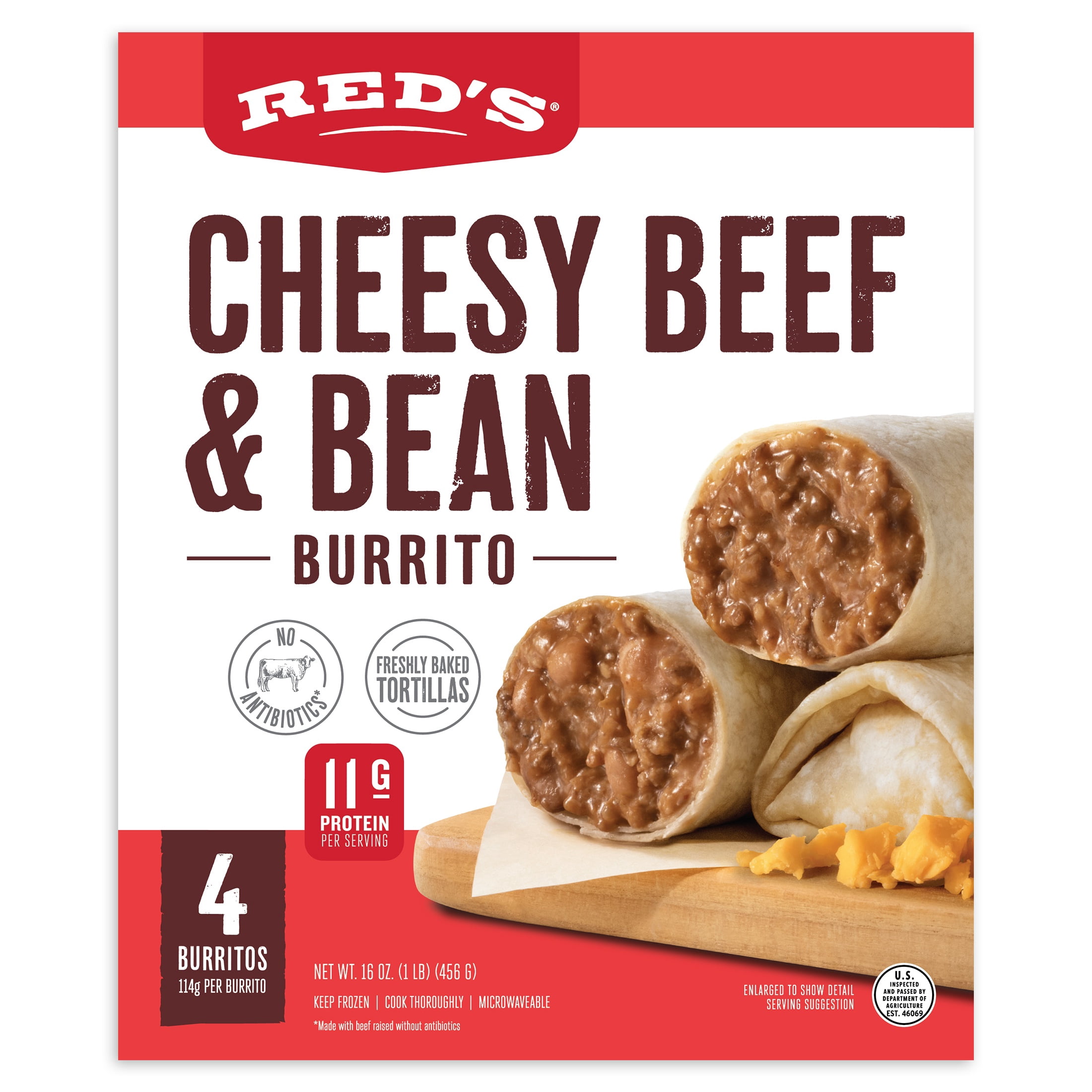 Red's Cheesy Beef and Bean Burrito, 16 oz, 4 Count (Frozen)