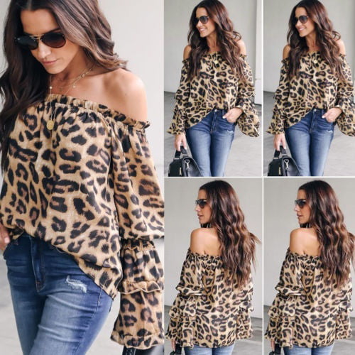 Fashion Women Off Shoulder Shirt Leopard Printed Long Sleeve Tops Blouse