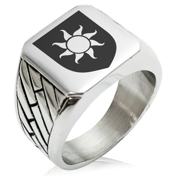 Stainless Steel Sun Splendor Coat of Arms Shield Geometric Pattern Biker Style Polished Ring