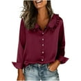 thumbnail image 4 of Women's Satin Dress Shirt Ruffle Lepal Collar Elegant Long Sleeve Top Fashion Blouse Wine S, 4 of 7