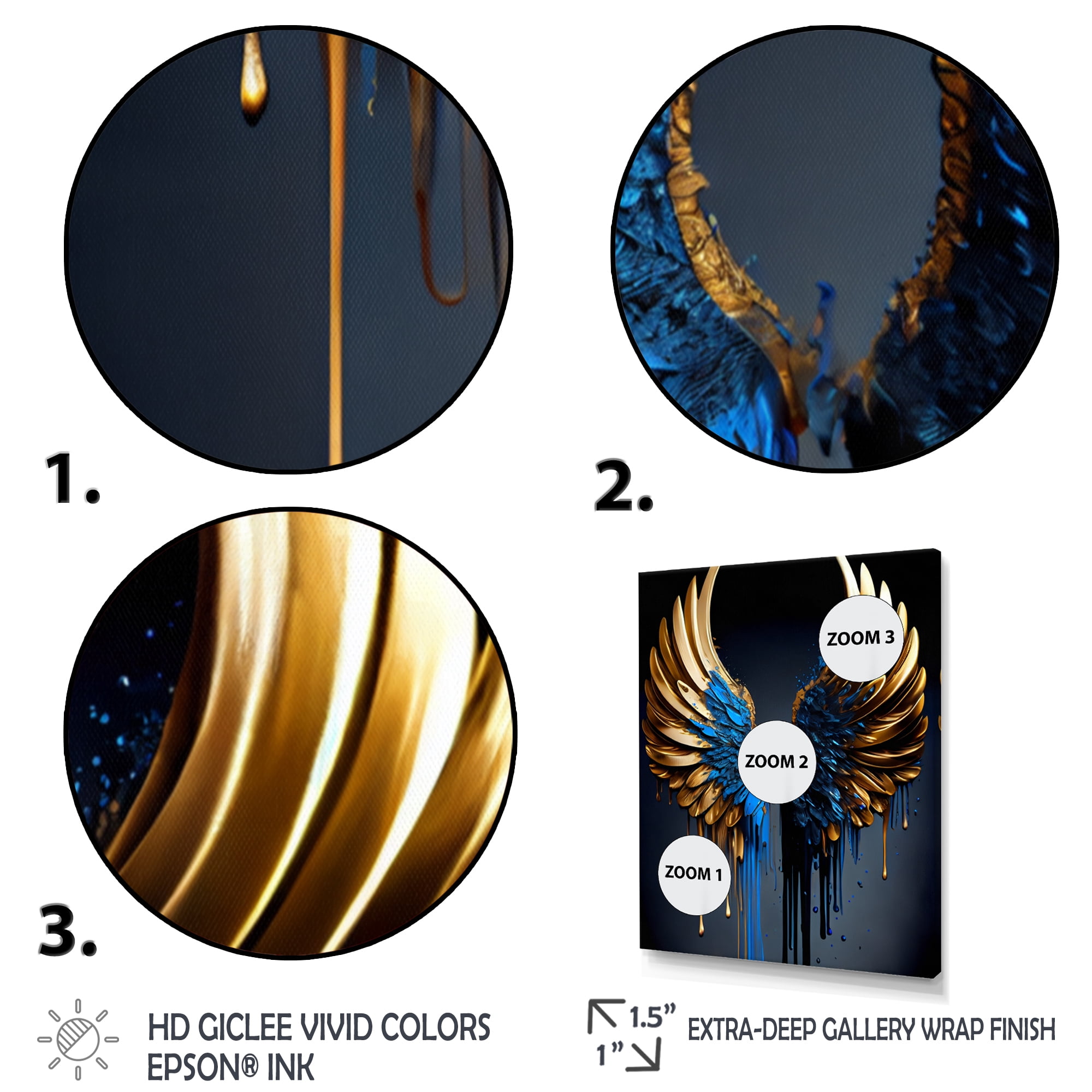 Designart Blue And Gold Angel Wings III Canvas Wall Art