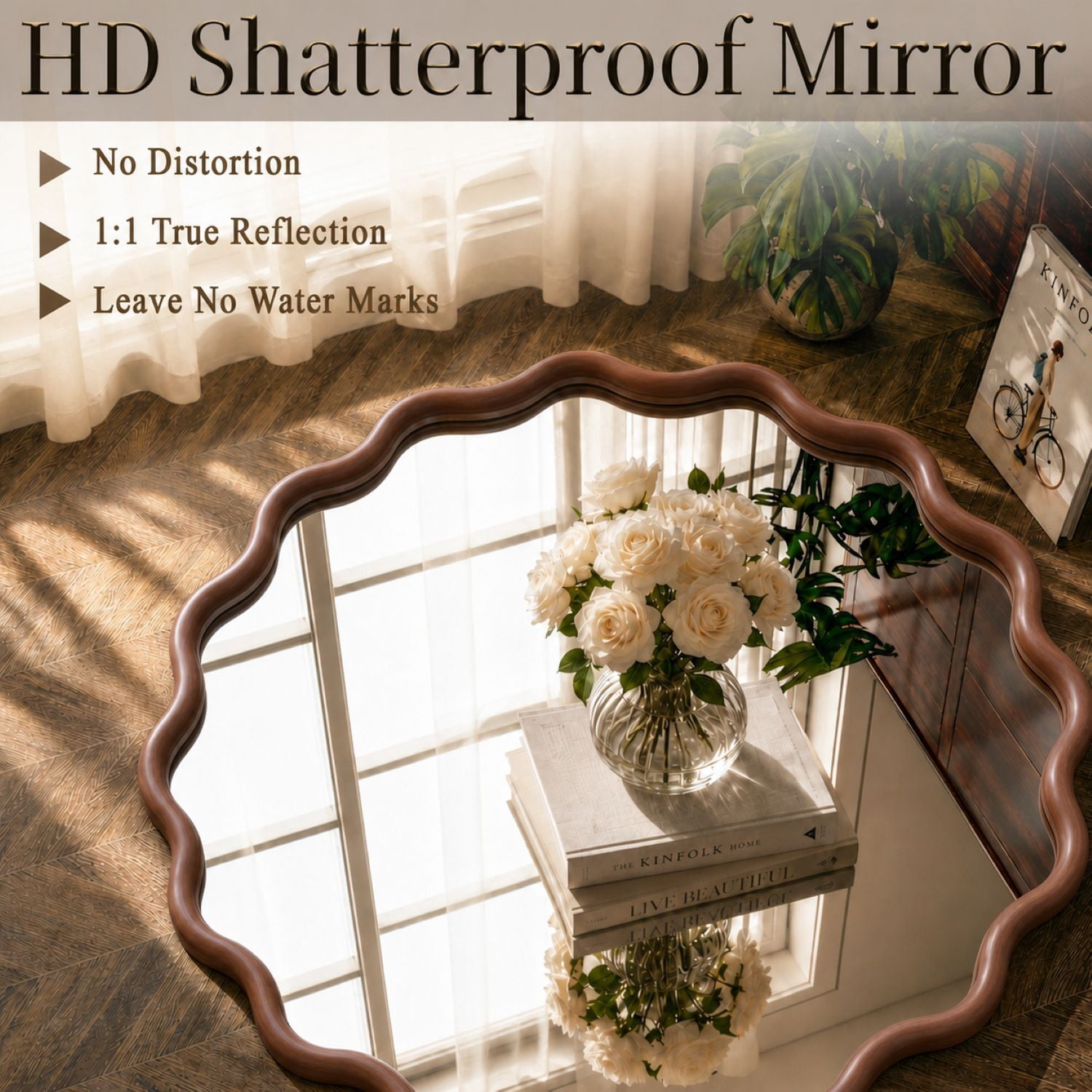 Easy4Home 30" x 30" Wavy Round Bathroom Mirror Wall Decor with Wooden Frame, Walnut