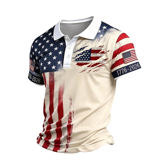Homeyce Polo Shirts for Men 250th America Anniversary National Flag Print Golf Shirts Buttoned 4th Of July Polo T-Shirts Short Sleeve Independence Day Independence Day Golf Shirts for Men,Beige S