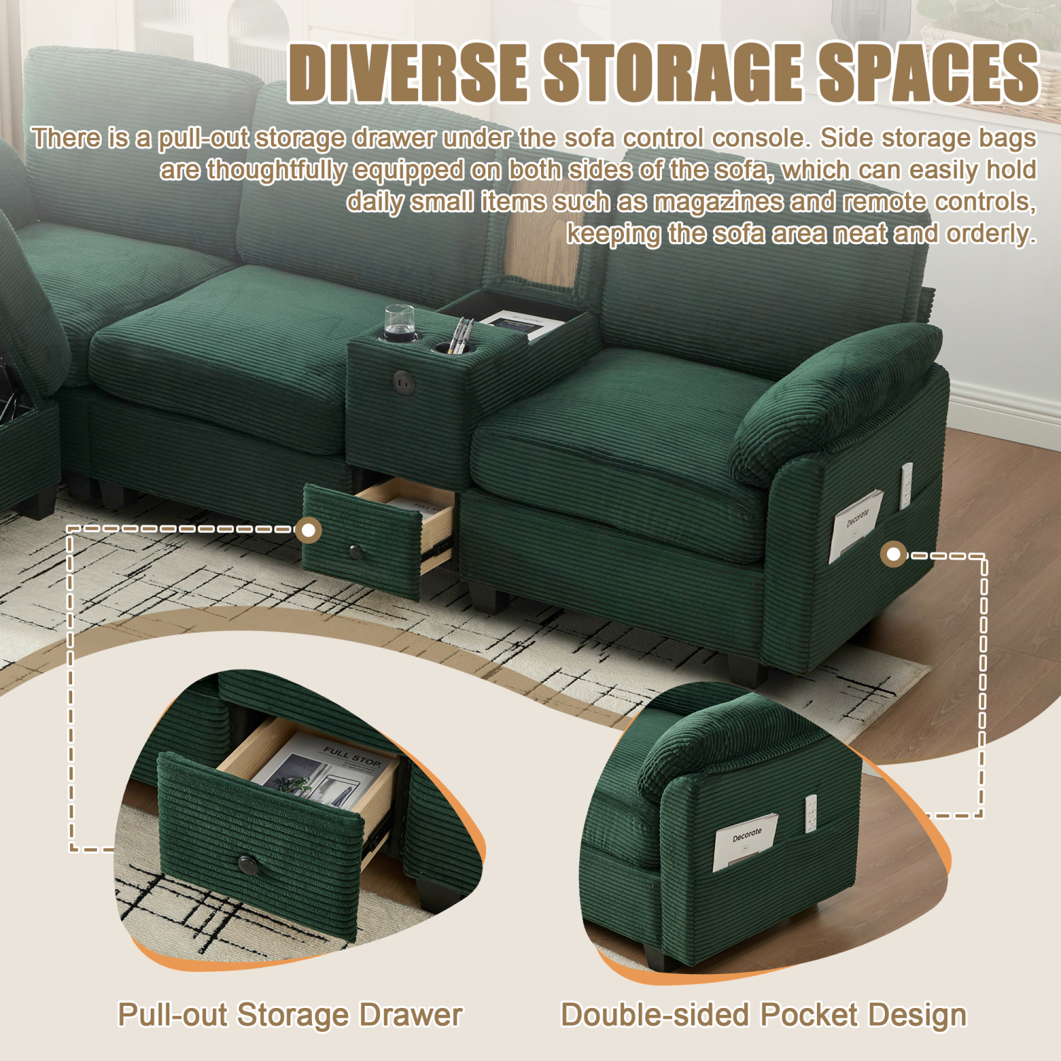 Leumius L-Shaped Sectional Sofa for Living Room,105" Modular 4-Seater Upholstered Sofa Couch with Cup Holder/USB Interface/Storage Box,Emerald