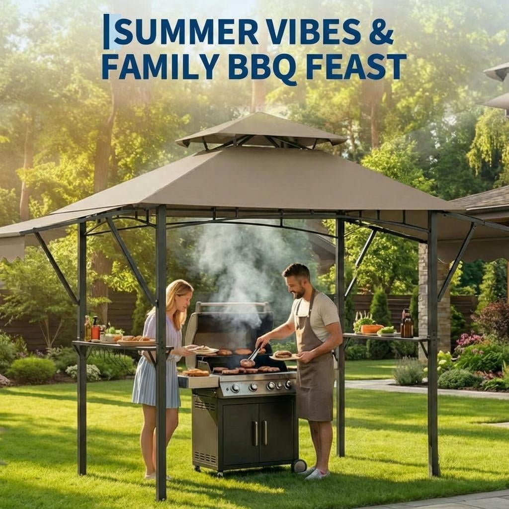 Outdoor BBQ Gazebo,8*5FT  Patio Grill Gazebos with Adjustable Shadow,2 Handy Shelves, Hooks & Ceiling Light Hook,Barbeque Gazebo Canopy for Backyard Garden Poolside