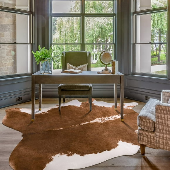 Amearea Faux Cowhide Rug, Premium Cow Print Rug for Bedroom, Large Cow Hide Area Rugs, Faux Fur Animal Hide Carpets for Livingroom, Bedroom,Dorm Dining Western Decor Mat, Brown 5.2x6.2