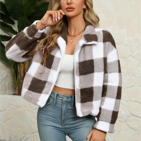 Edvintorg Crop Jackets for Women Fashion Plaid Printed Long Sleeve Lapel Outerwear with Zipper Fall Winter Trendy Casual Shorts Coat