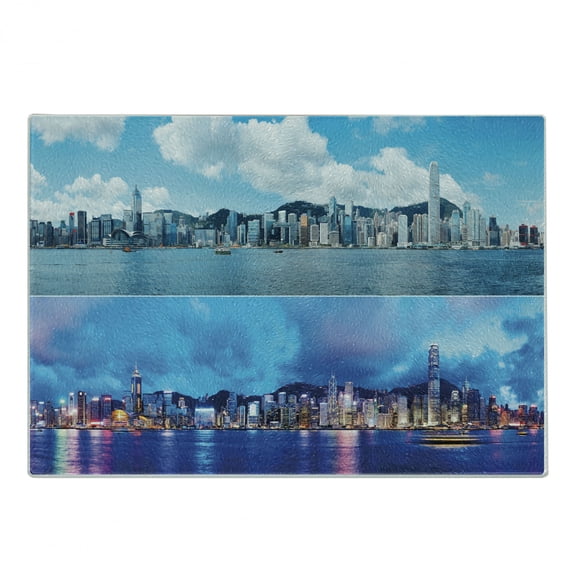 Urban Cutting Board, Times of Hong Kong City Morning and Evening Urban Downtown Scene Art Print, Decorative Tempered Glass Cutting and Serving Board, Small Size, Deep Sky Blue, by Ambesonne