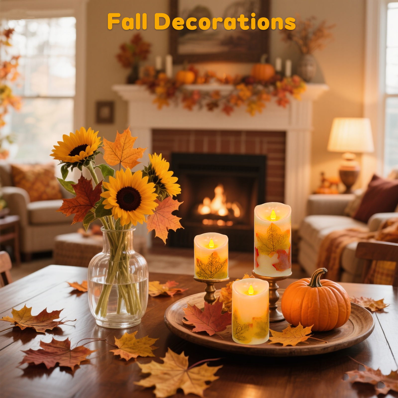 Flameless Candles Lights, Set of 3 Maple Leaf Flickering LED Candles with Remote & Timer, Dimmable LED Pillar Candles Battery Operated, Electric Candles for Thanksgiving Halloween Fall Harvest Decor