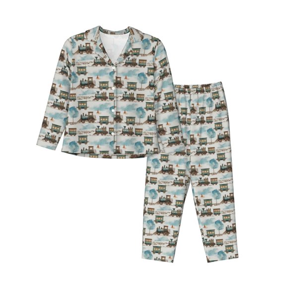 Rateoe Transport Train Pattern Womens Pajamas Set Long Sleeve Sleepwear Button Down Nightwear Soft Cotton Pj Lounge Sets