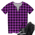 thumbnail image 5 of Womens Short Sleeve Shirt Plaid Print Button Round-Neck T-Shirt Blouses Purple, 5 of 5