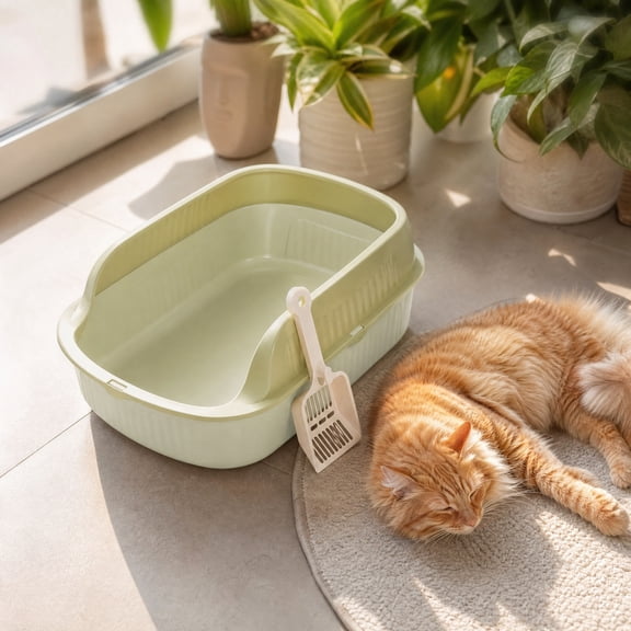 LOWLHOME Cat Litter Tray Semi Enclosed Cat Litter Box with Open Top Detachable Easy to Clean Litter Pan Indoor Cats Anti Splashing Pet Supplies Spacious, Green