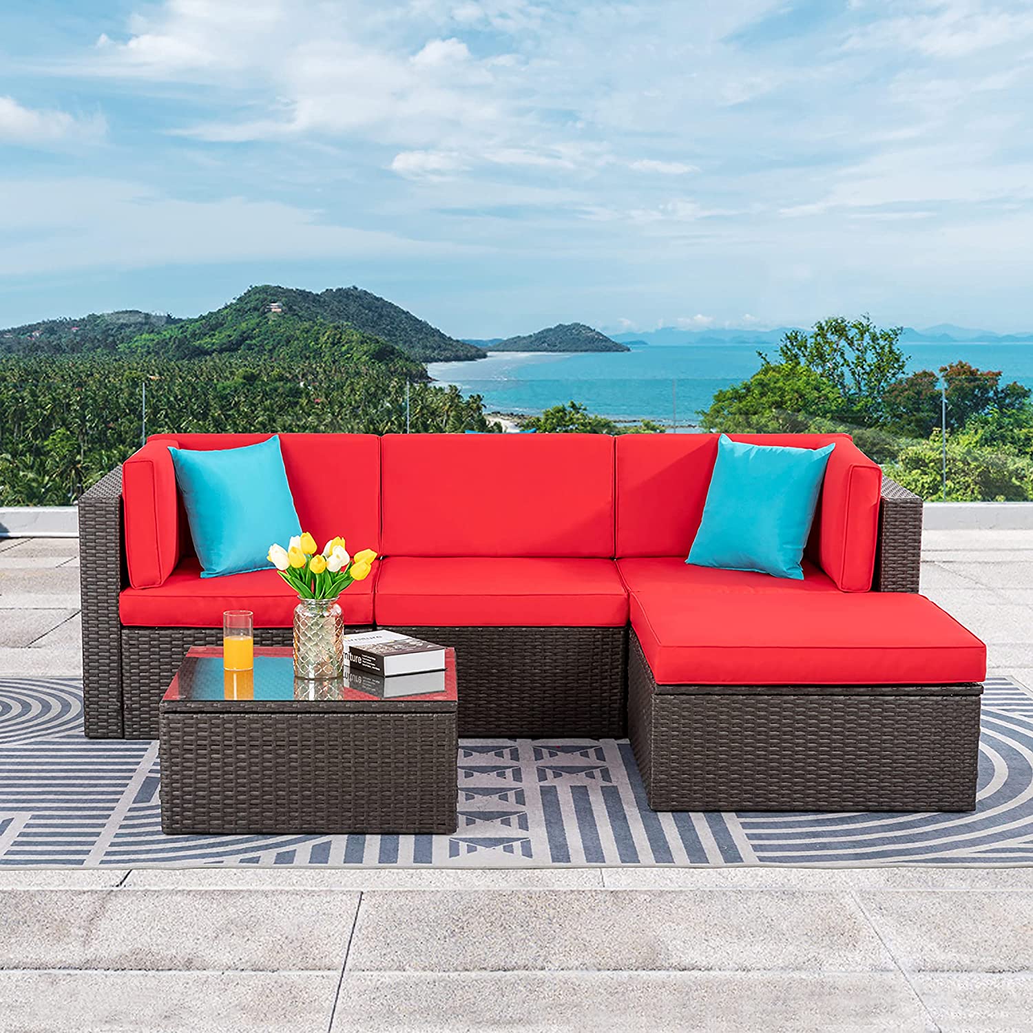 Sobaniilo 5 Pieces Patio Sectional Sofa Sets, All-Weather Outdoor Rattan Conversation Set for Garden Patio Sofa with Ottoman and Glass Table, Red - image 2 of 7