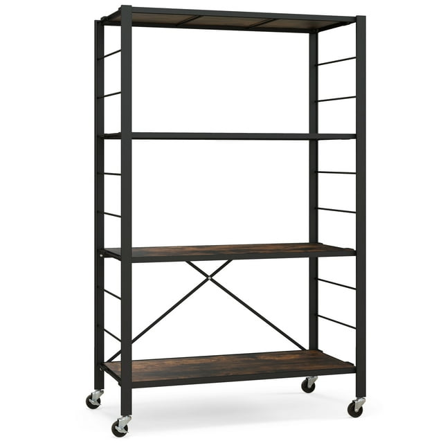 Patiojoy 1pc 4-Tier Foldable Storage Shelf Collapsible Shelving Unit Display w/ Lockable Wheels Storage Rack w/ Adjustable Shelf Heavy-Duty Storage Organizer