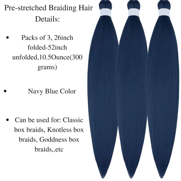 WEIF-Navy Blue Braiding Hair Pre stretched Hypoallergenic Knotless Ez Braiding Hair for Braids Prestretched Synthetic Hair Extension for Women（Packs of 3,26",10 OZ）