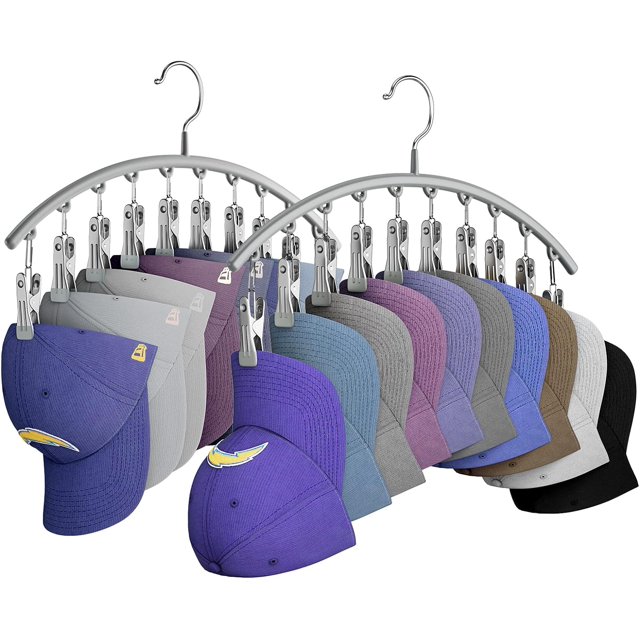 Perchas para sombreros para armario, estantes organizadores de sombreros de metal para gorras de béisbol, paquete de 2 estantes para gorras de béisbol con 10 clips grandes, soporte para sombreros de b