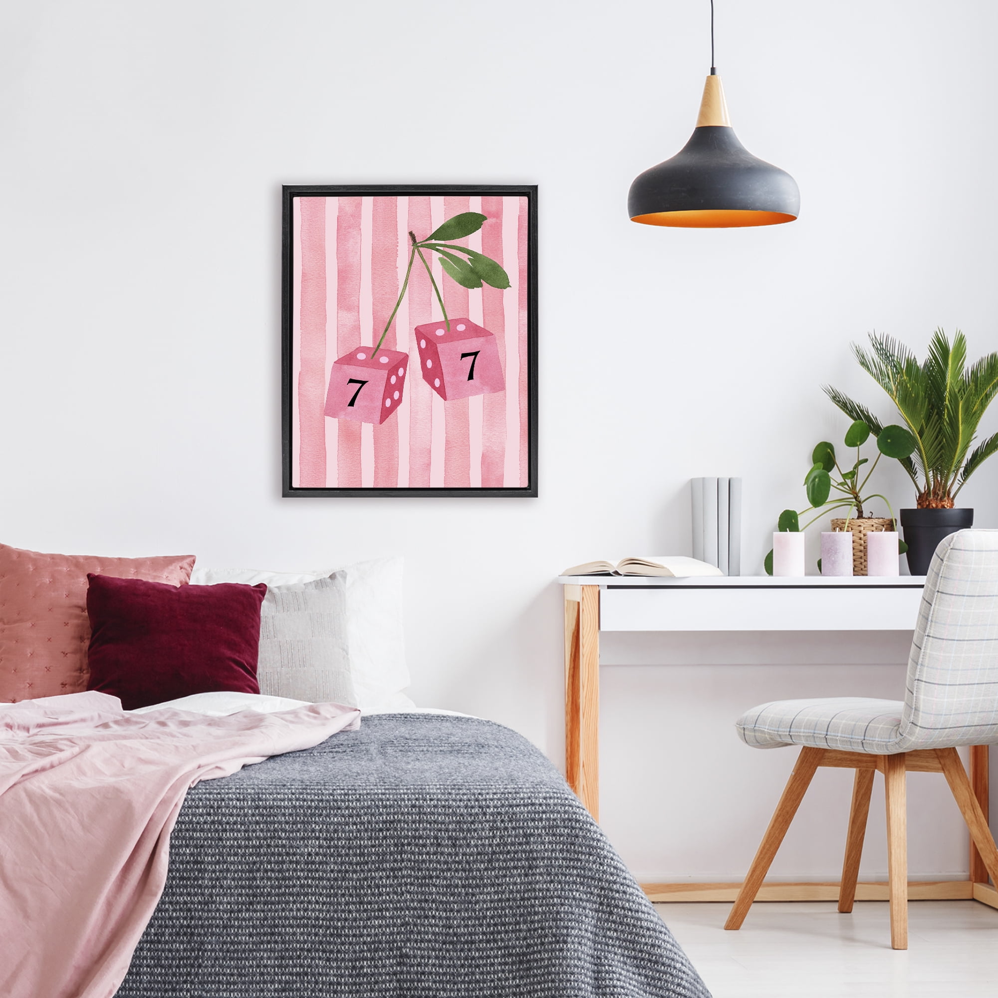 Lucky Number 7 Cherry Dice Black Framed Floater Canvas Wall Art, design by Nina Jacobs