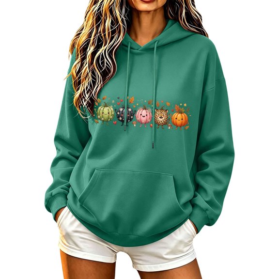 CHGBMOK Women Oversized Hoodie Cute Cartoon Pumpkin Print Drop Shoulder Pullover Sweatshirt Long Sleeve Drawstring Casual Tops with Pocket