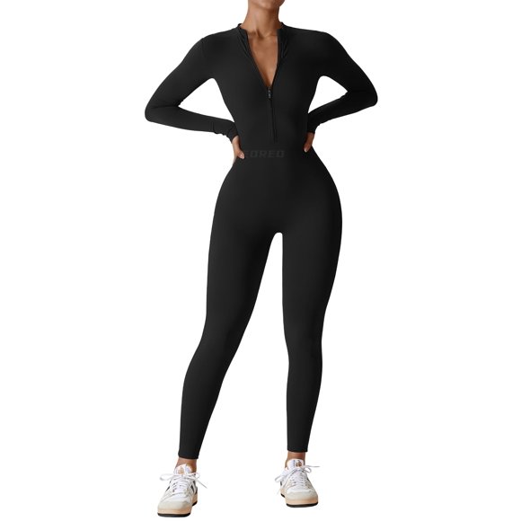 Mono largo de manga larga con cierre frontal y ajuste bodycon en negro YEOREO