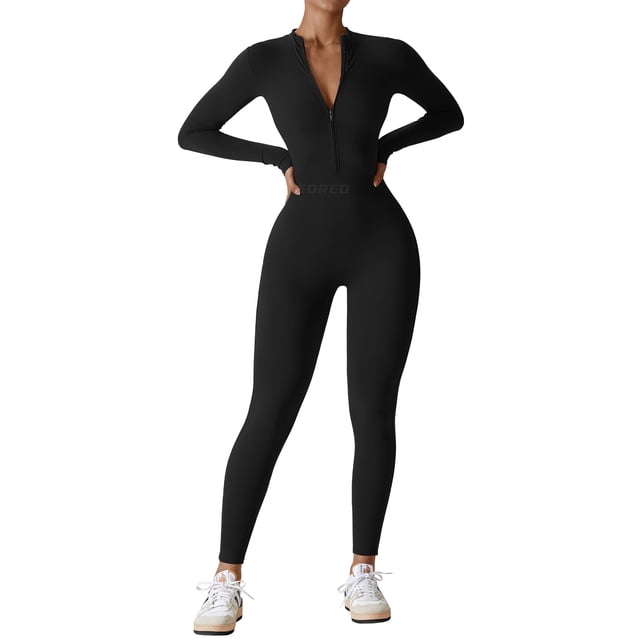 Mono largo de manga larga con cierre frontal y ajuste bodycon en negro YEOREO