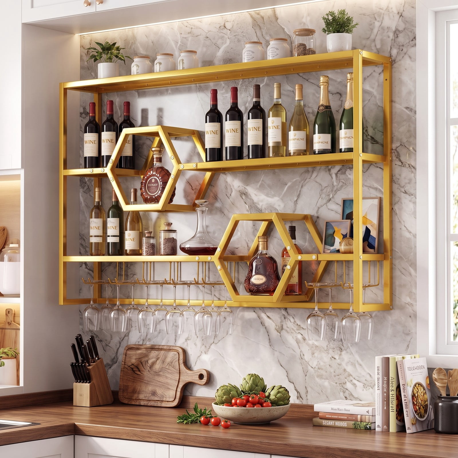 RUIE 47 Inch Wall Mounted Wine Rack, Large Floating Bar Shelf with Stemware Holder, Metal Hanging Wine Bottle Storage Organizer for Kitchen Dining Room Bar, Gold