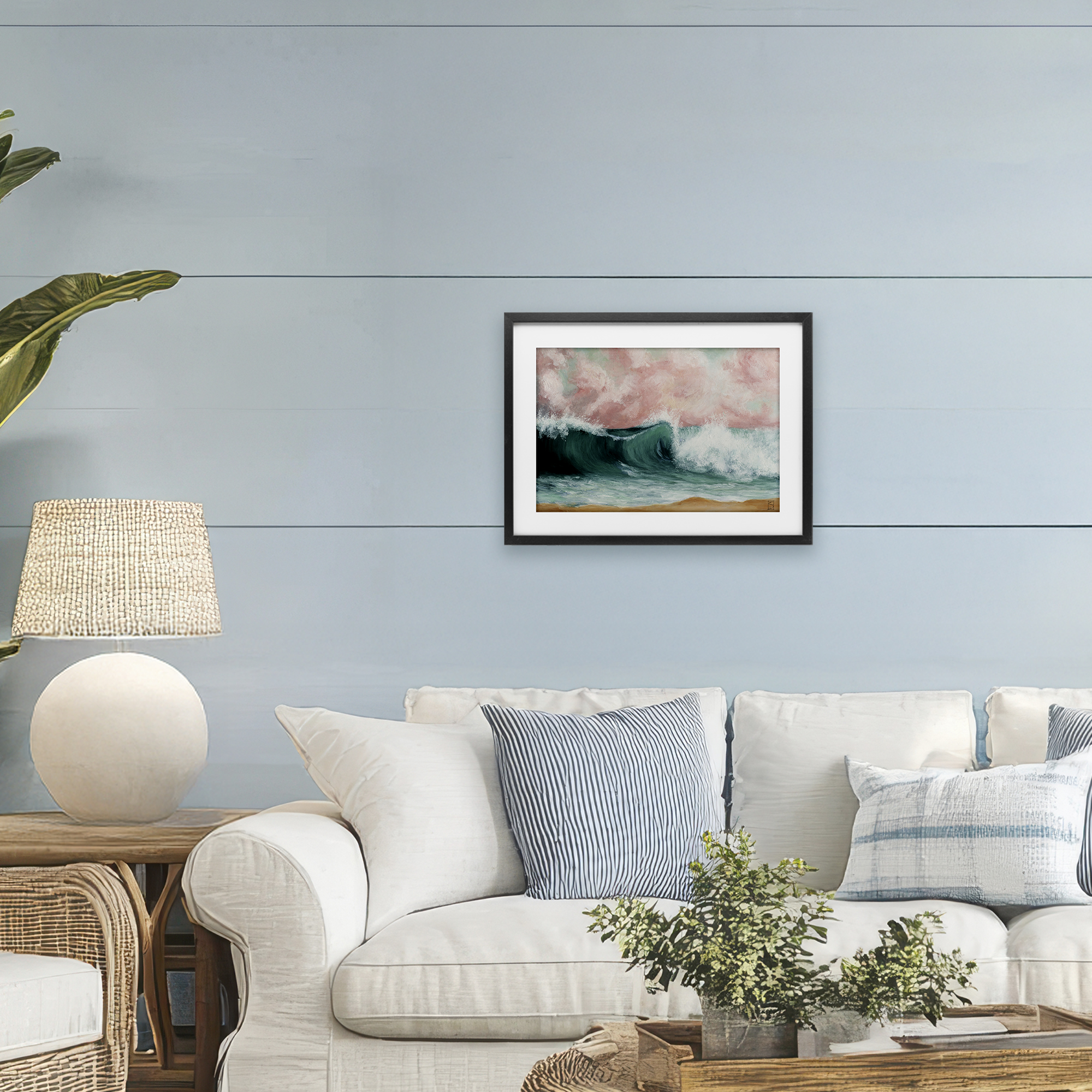 Crashing Seascape Waves Black Framed Print Under Glass, design by Sara Culpepper