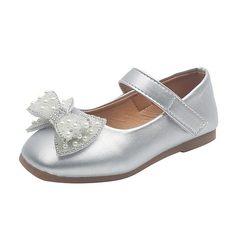 

TAIAOJING Girls Flat Dress Shoes Shoes Bow Pearls Flat Bottom Dress Hook Loop Non-Slip Shoe