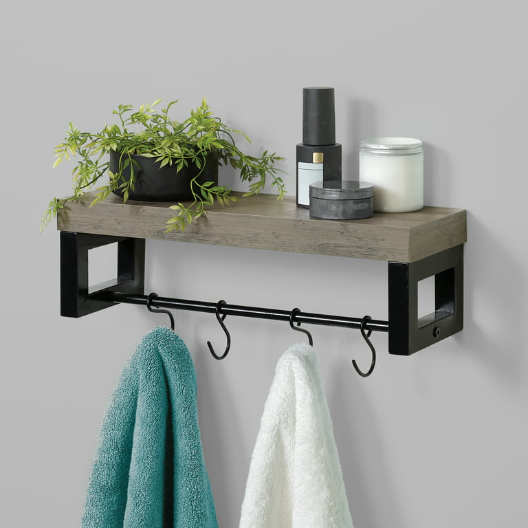 Kitchen Wall Shelf with Towel Bar and 8 Removable Hooks Carbonized Bla
