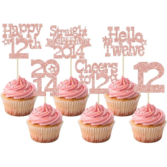 12Pcs Rose Gold Glitter 12th Birthday Cupcake Toppers, "Hello 2014, Cheers to 12" Picks for Preteen Birthday Party Cake Decorations