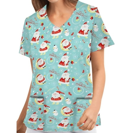 

Capreze Xmas Graphic Tee Shirts for Womens V Neck Casual Nursing Scrubs Tops Christmas Work Tunic Shirt with Pockets