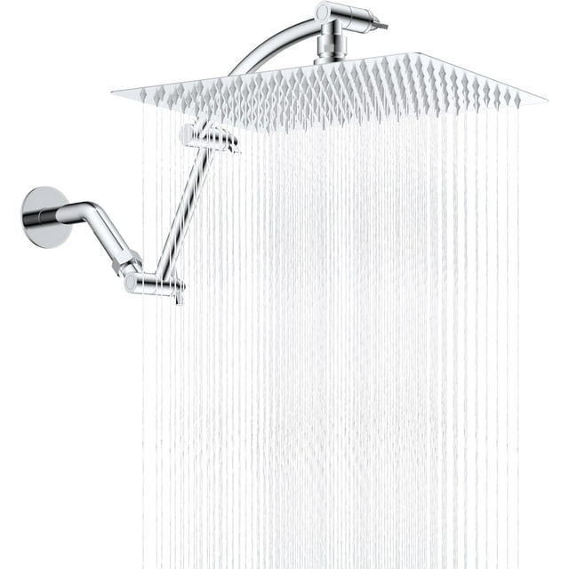 Hibbent All Metal Rain Shower Head, 12'' High Pressure Rainfall Square Showerhead with 16" Shower Head Extension Arm, Solid Brass Adjustable Shower Arm Extender, Waterfall Fixed Showerheads, Chrome