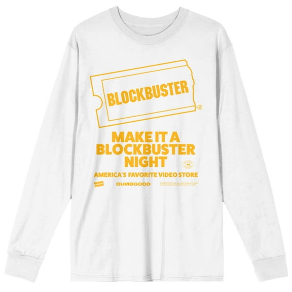 Blockbuster Make It A Blockbuster Night Crew Neck Long Sleeve White Adult Tee-Medium