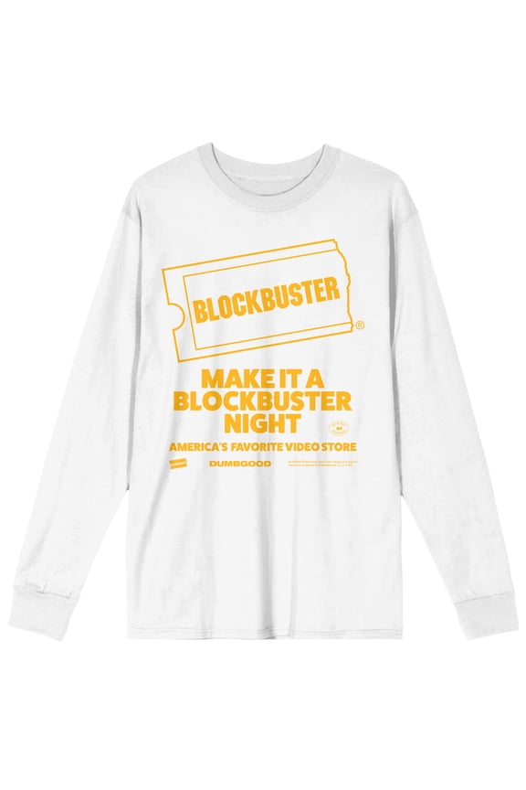Blockbuster Make It A Blockbuster Night Crew Neck Long Sleeve White Adult Tee-XL