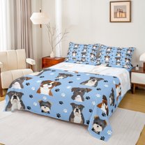 Homewish Cartoon Puppy Dog Full Size Sheets,Kawaii Dog Paw Bed Sheets,Blue Black Sheet Sets For Girl Kids,Breathable Home Decor,4-Piece
