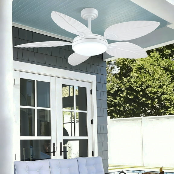 BayDay 52" Tropical Ceiling Fan with LED Lights & Remote, Outdoor Palm Leaf Fan for Patios, Porch, Bedroom, Dimmable 6 Speeds, Reversible DC Motor, Smart App Control - White