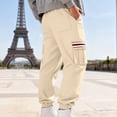 thumbnail image 4 of Men's Fleece-Lined Multi-Pocket Utility Cargo Pants, Wide-Leg Cuffed Design with Contrast Stripes for Casual Wear, Hiking, Outdoor Work and Street Fashion,Beige,XL, 4 of 7