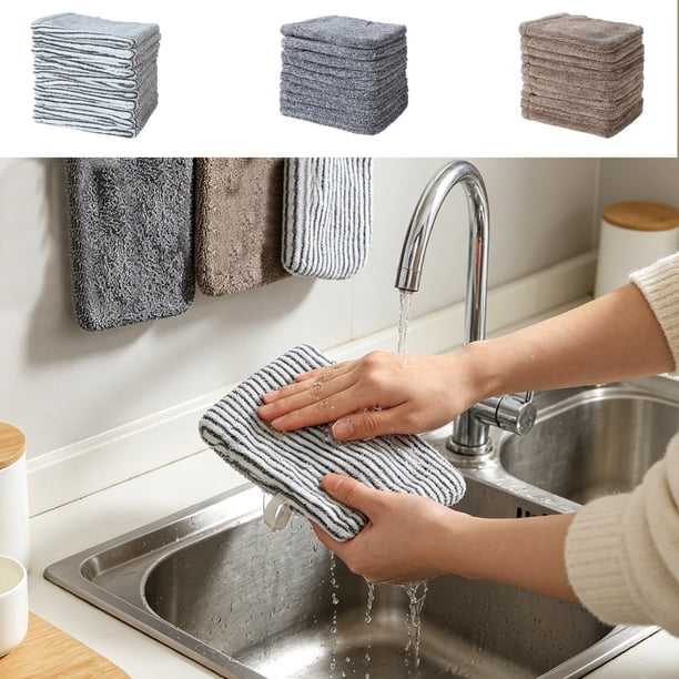 Yhmxh Paquete de 10 paños de limpieza de microfibra, paños de limpieza de cocina a rayas, toallas de cocina reutilizables súper absorbentes, trapos de limpieza domésticos de secado rápido y sin pel