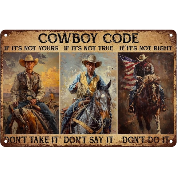 Cowboy Code Metal Tin Sign Western Wall Art Vintage Home Decor for Man Cave Bar Garage 8x12 Inch