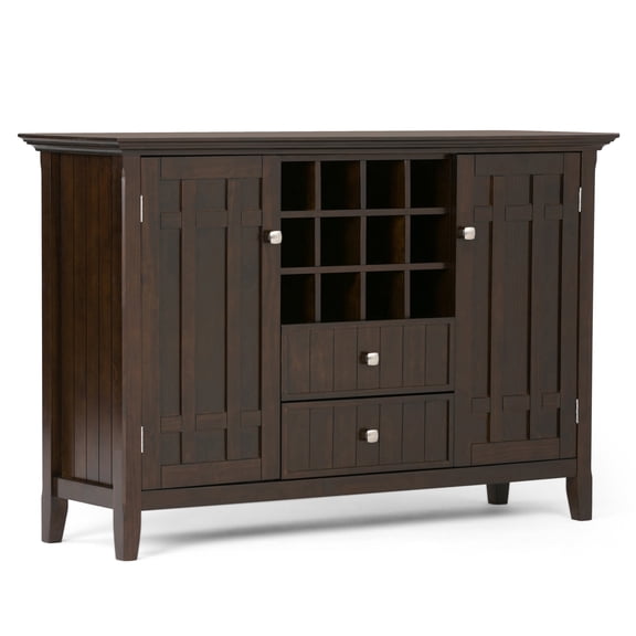 Simpli Home Bedford 54 inch Wide Solid Wood Transitional Sideboard Buffet and Wine Rack in Dark Tobacco Brown