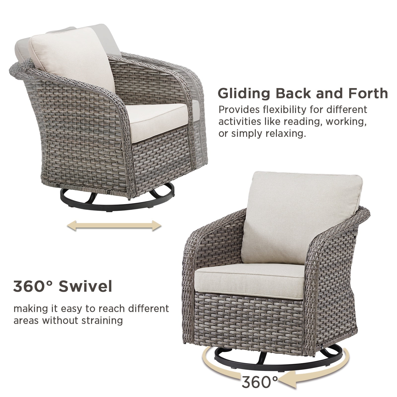 PPorfamilia 5 Piece PE Rattan Patio Conversation Sofa Sets, Outdoor Sectional Furniture Sets with Rocking Swivel Chairs and Ottomans, Beige Cushions