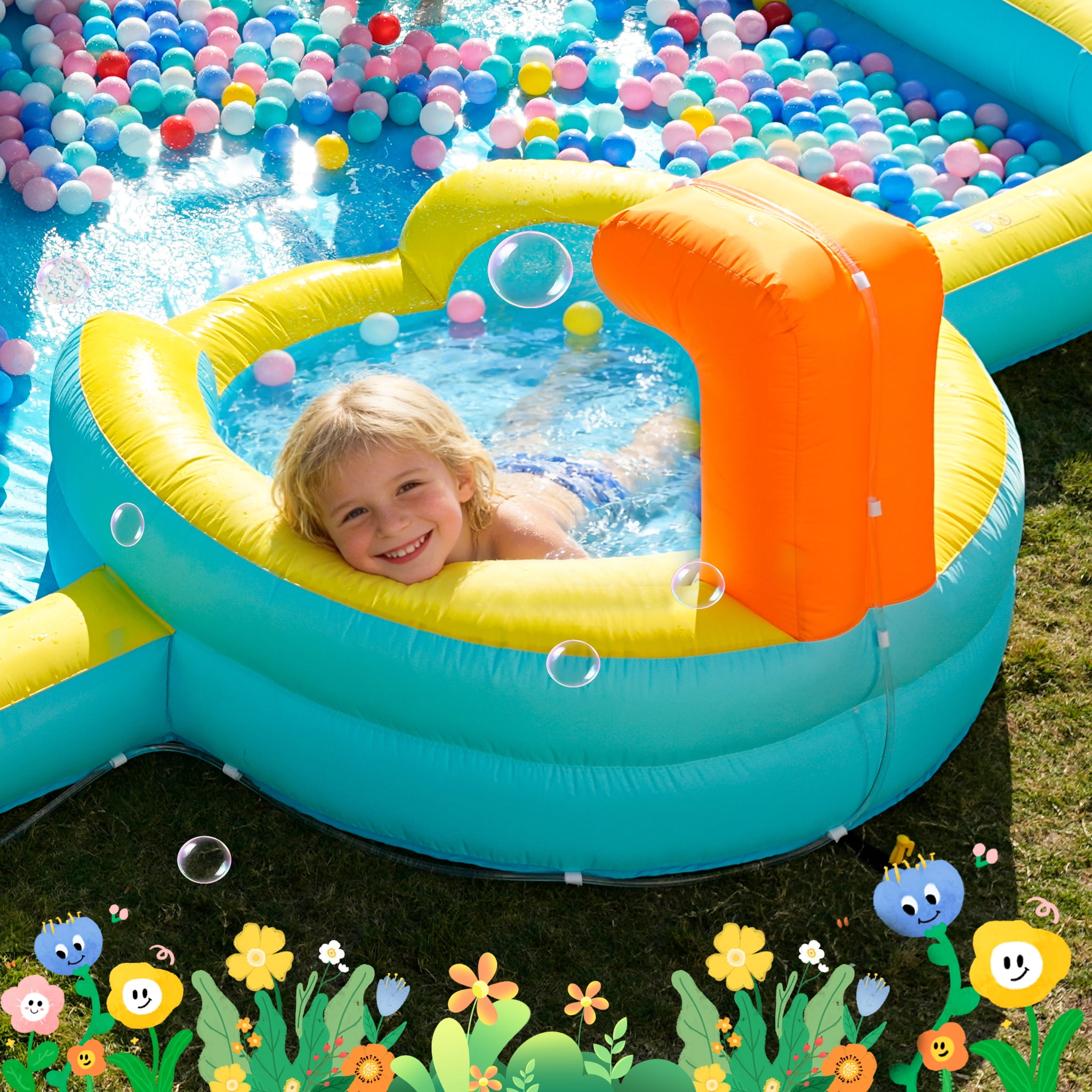 Patbrela 9 in 1 Large Inflatable Water Slide Bounce House ,211" x 104" x 143",With 750w Blower,2 Water Slides, 2 Water Blasters,Double Blow up Splash,Deep Pool,Basketball Hoop,Water Canon