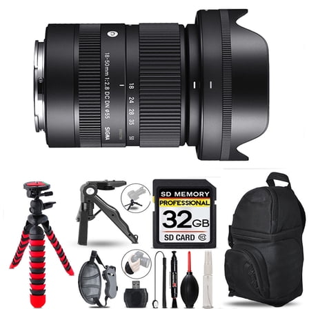 Sigma 18-50mm f/2.8 DC DN Contemporary Lens for Sony E-  Tripod   Backpack - 32GB Accessory Bundle