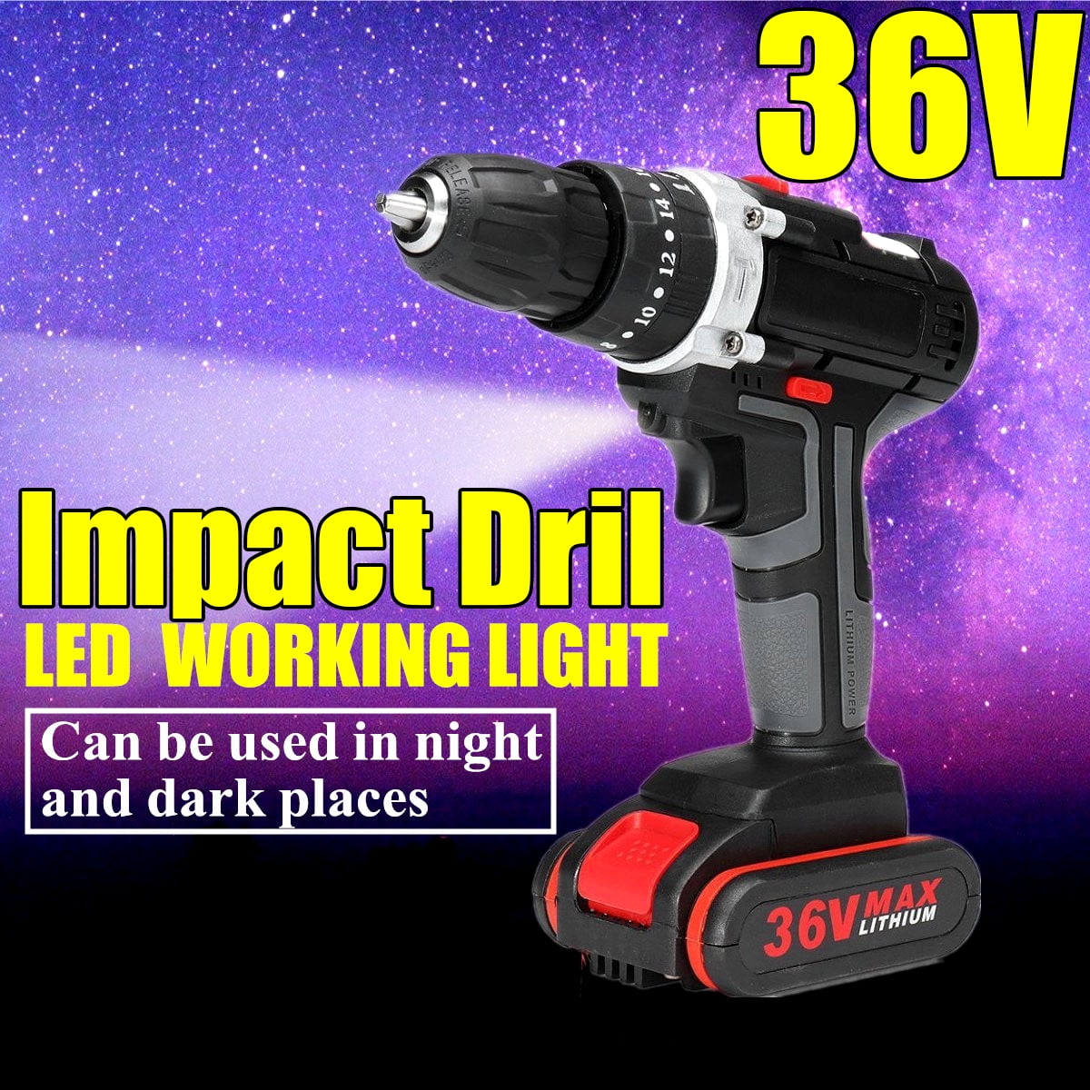 3//8/'/' 36V 25+3 Cordless Electric Impact Power Drill LED 2-Speed With Li-Ion US