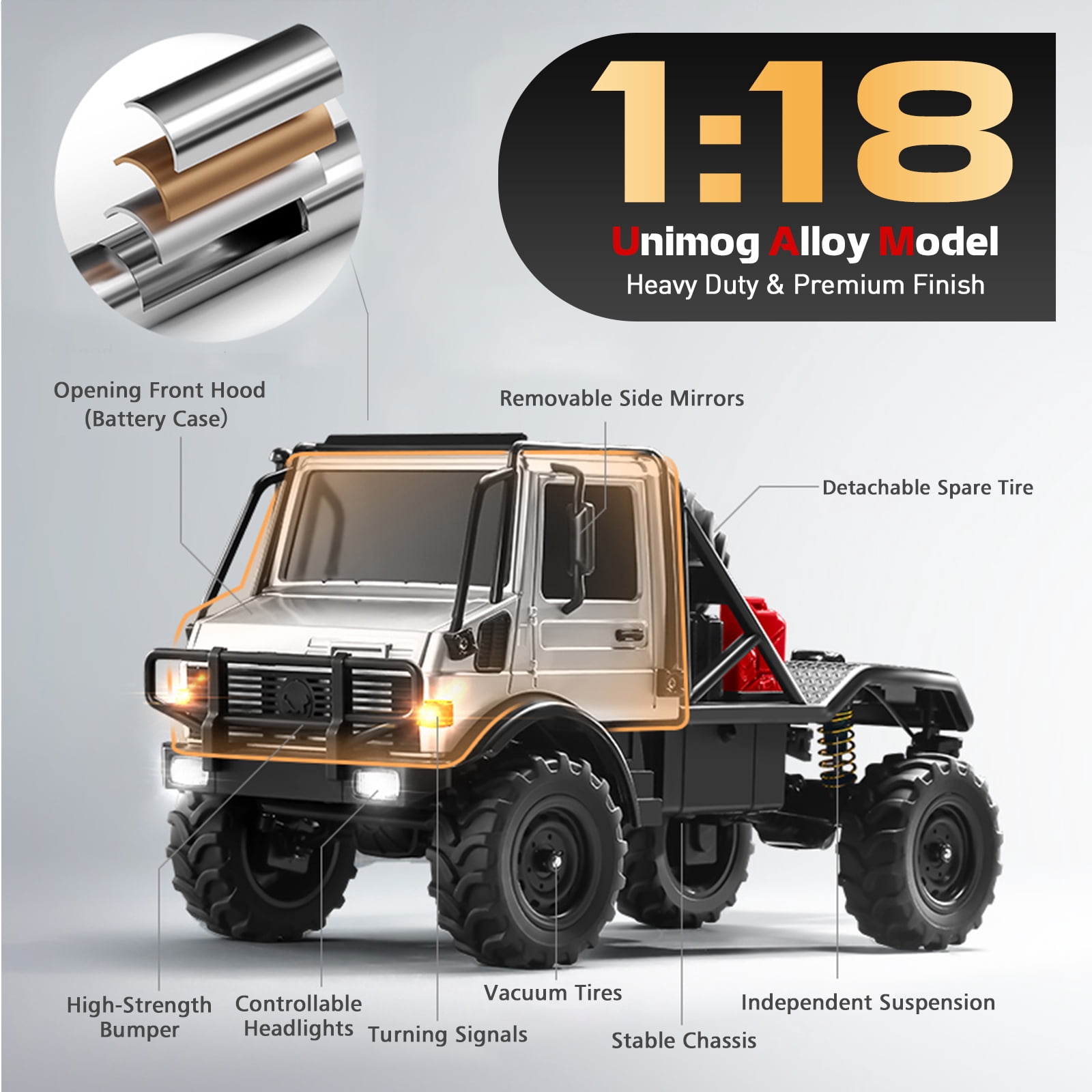 1/18 RC Semi-Truck for Adults, MN-333 Unimog Off-Road RC Rock Crawler, 4WD RC Truck RTR Transport Car Alloy Model for Hobby Toy Gifts (Green)