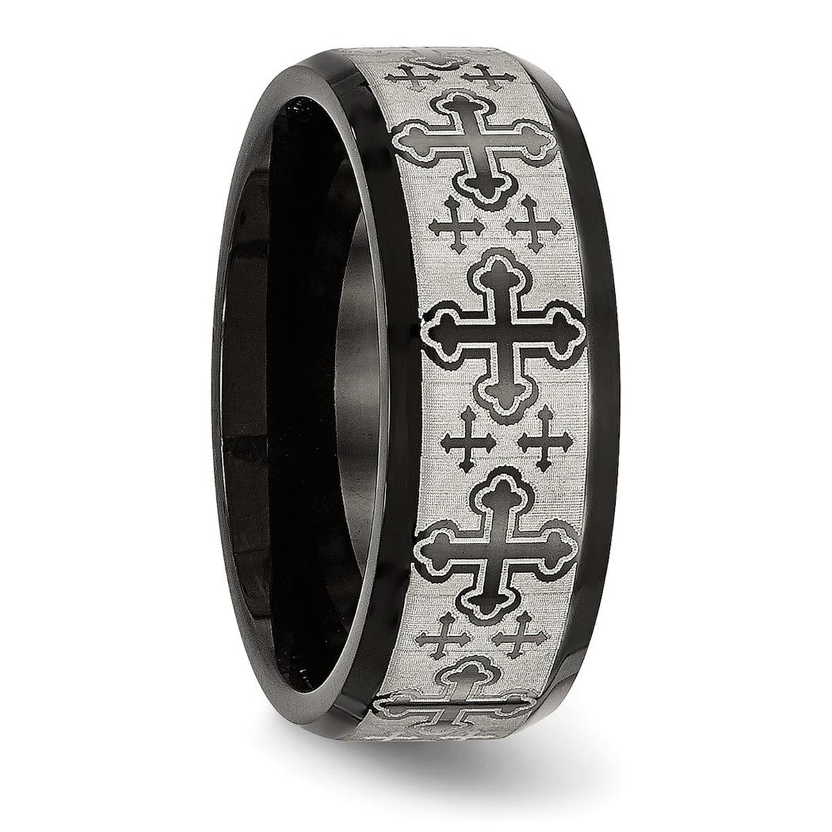 8mm Stainless Steel Brushed Polished Black Ip Laser Etched Pattern Ring Size 10.5 Ring for Women