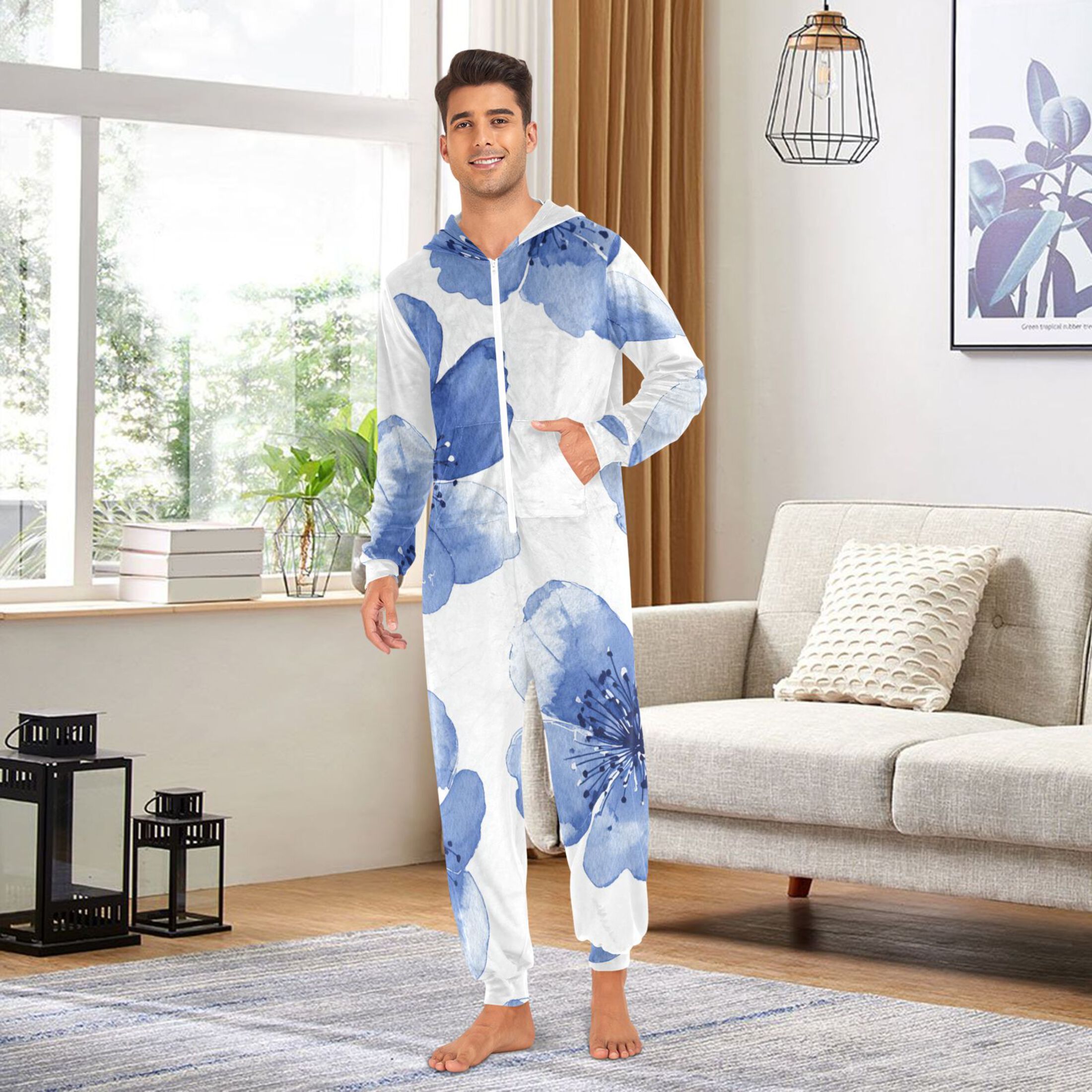 Watercolor Blue Flower Petals Adult's Hoodie Onesie Jumpsuit One-Piece Pajamas with Zipper Unisex for Holiday M