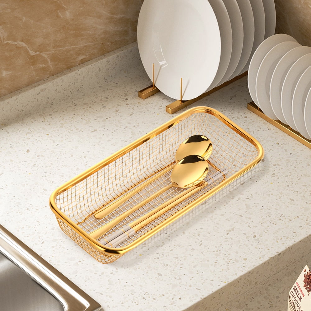 Buyer Star Gold Kitchen Drawer Organizer, Stackable Mesh Storage Baskets, Stainless Steel Silverware Organizer for Holding Knife Fork Spoon, 12.5"x5"x2.5", Pack of 4