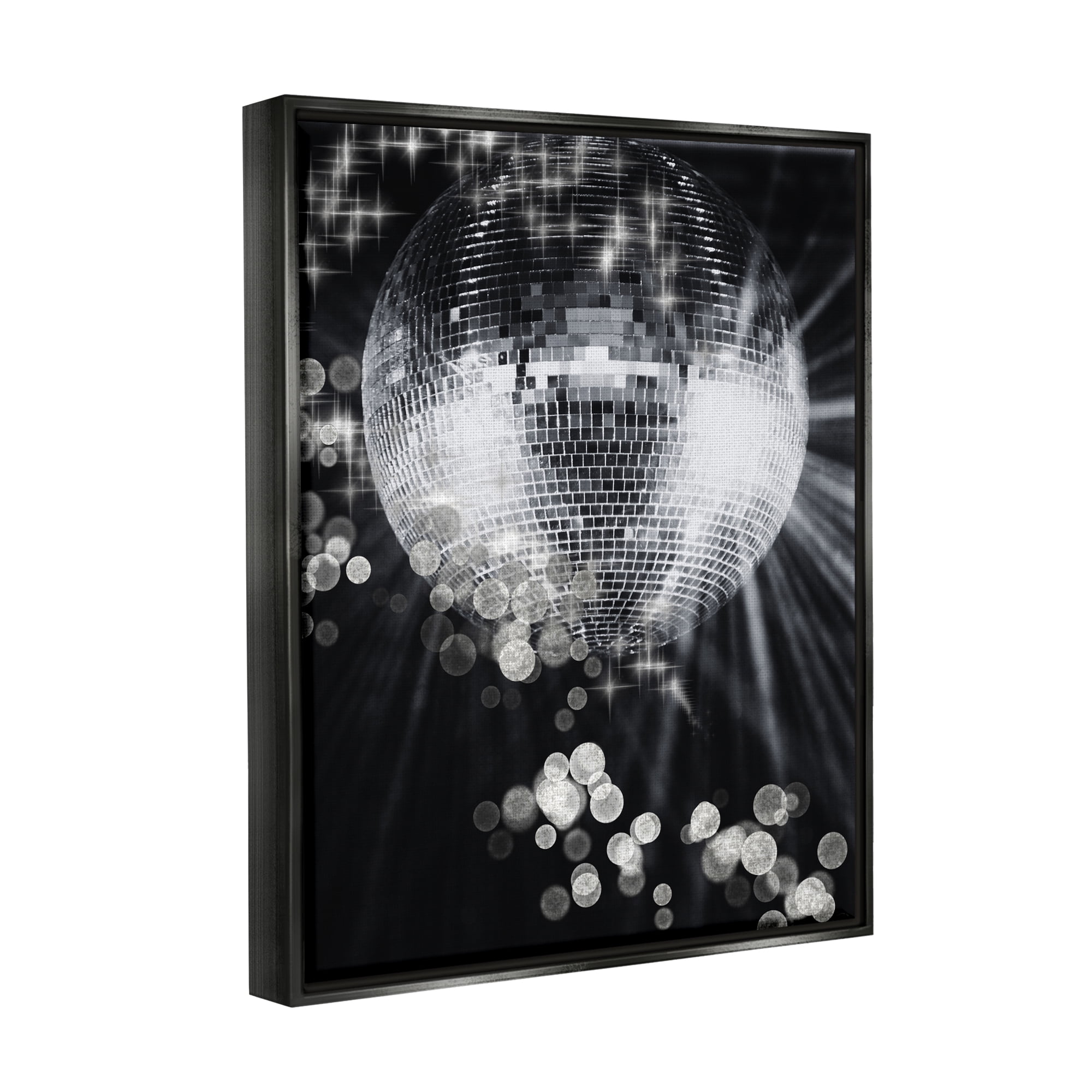 Stupell Industries Glimmering Disco Ball Literature & Flim Photography Black Floater Framed Canvas Art Print Wall Art, 17 x 21
