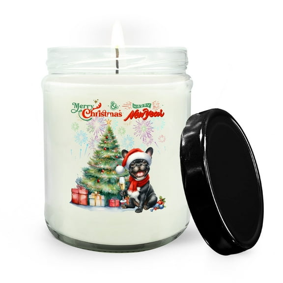 Merry Christmas and Happy New Year Santa French Bulldog Holiday Xmas Winter 2025 Soy Wax Candle Dog Lover Gifts 16oz White Vanilla Candle - 00024